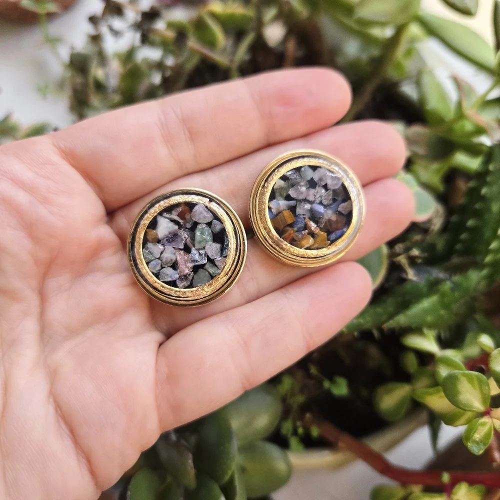 Vintage Swank Gold Mosaic Gemstone Chip Colorful Round Pair of Cuff Links